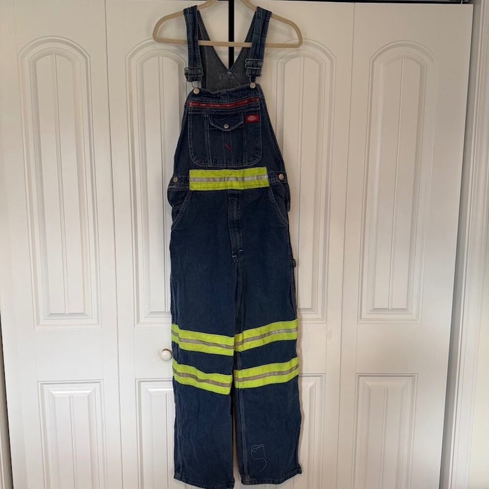 Dickies E-Vis Bib Overalls Mens 32x32 Indigo High Visibility Yellow Reflective